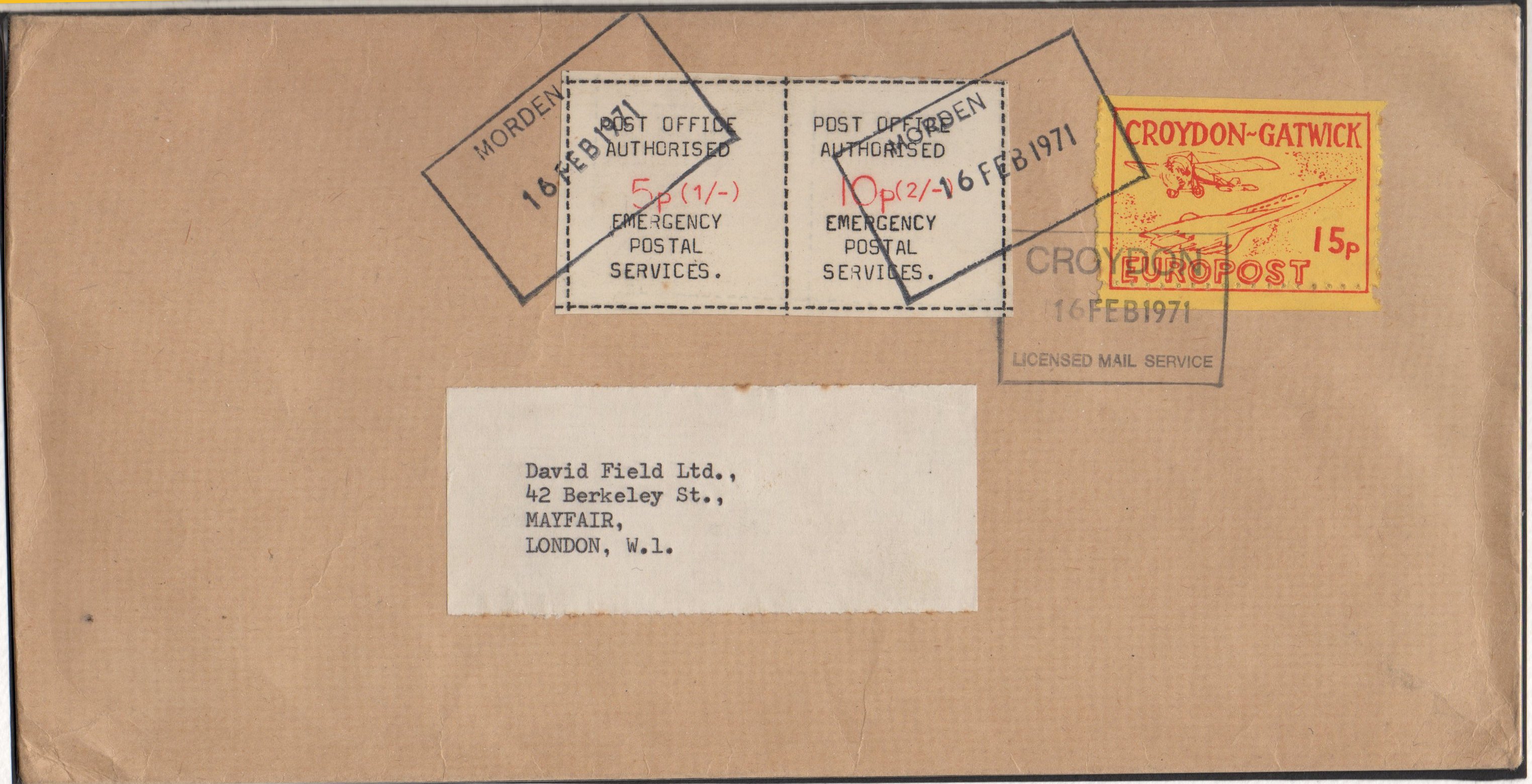 1971 Croydon Gatwick Strike Post joint with Post Office Authorised cover with 15p CGP, Feb 16th 1971